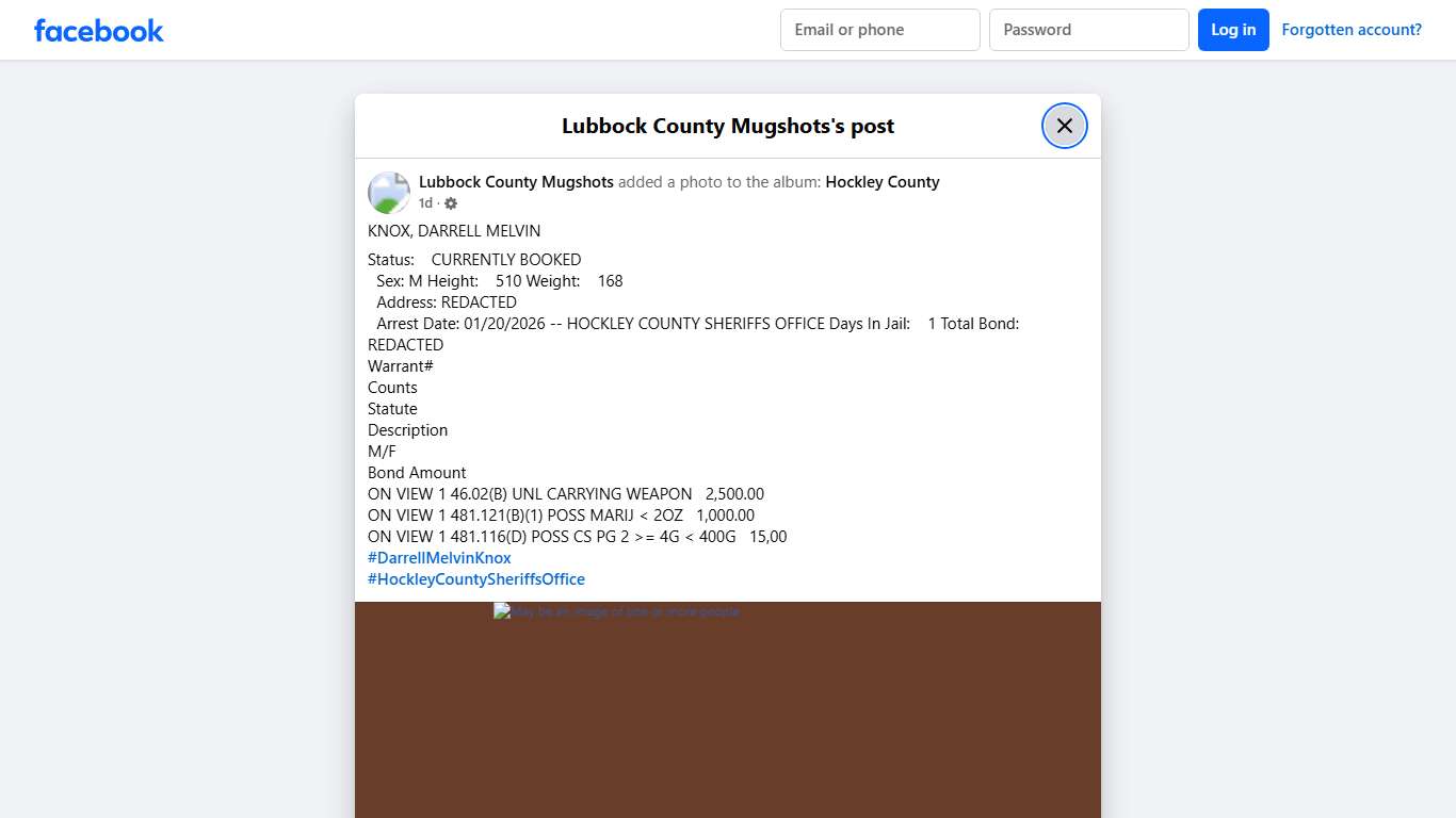 KNOX, DARRELL MELVIN Status:... - Lubbock County Mugshots Facebook
